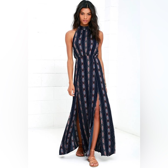 LULU’S NAVY BLUE PRINT HALTER MAXI DRESS - Picture 1 of 15